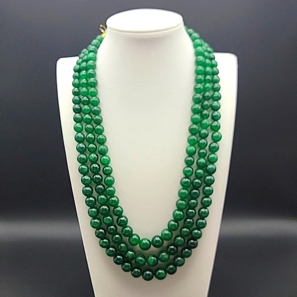 932.50 CTS GREEN EMERALD EARTH MINED 3 LINE ROUND BEADED GEMSTONE BEADS NECKLACE - Picture 1 of 8